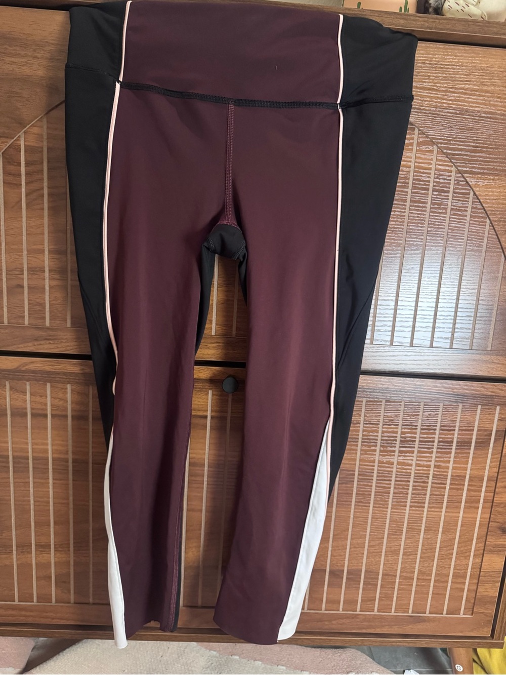 Athleta Burgundy and Black Colorblock Leggings with White Piping